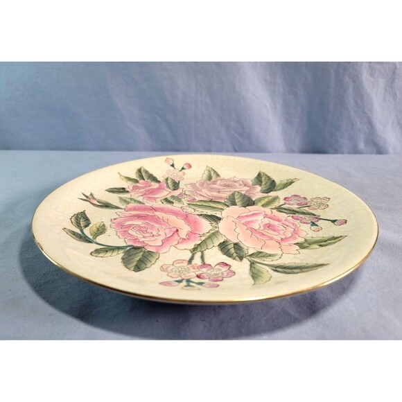 Pink Roses Plate Crackled Vintage Green Leaves Enameled 10.25''D Decorative - Picture 4 of 7